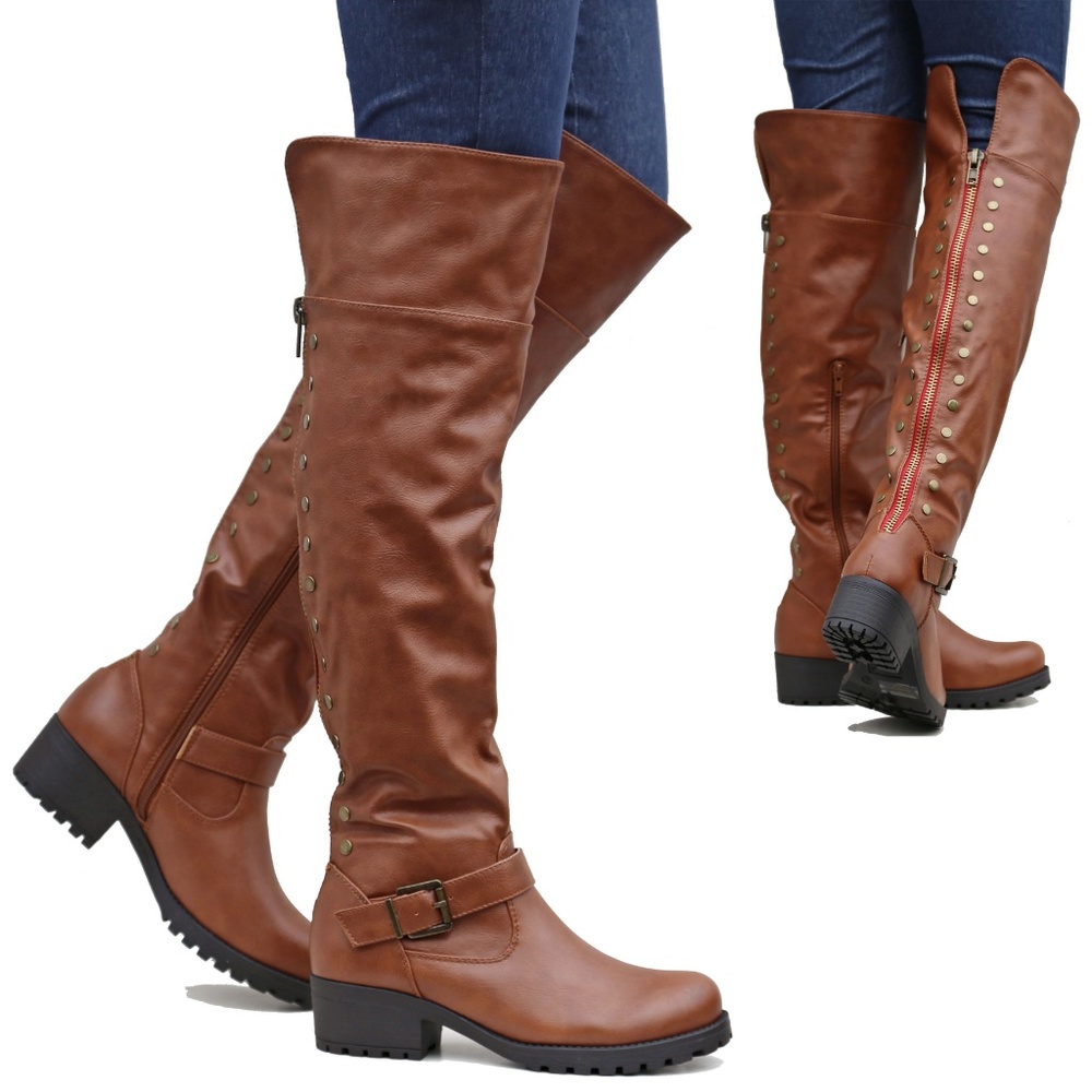 New Tan Studded Back Zipper Over Knee Riding Boots